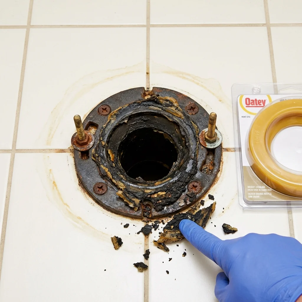 Failed wax ring showing water seepage at the base of a toilet in a Toledo, OH home