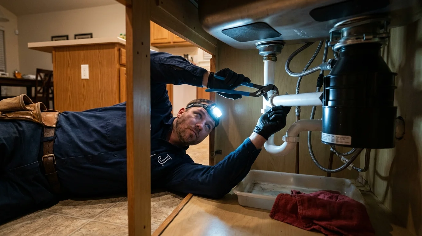 P-trap and supply line connections under a kitchen sink showing a common leak point in Toledo, OH